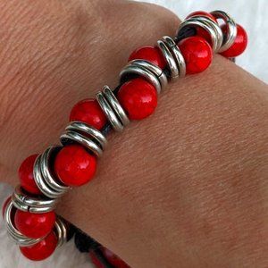 Vintage Boho Bracelet - Red Ceramic Beads & Silver Jump Rings